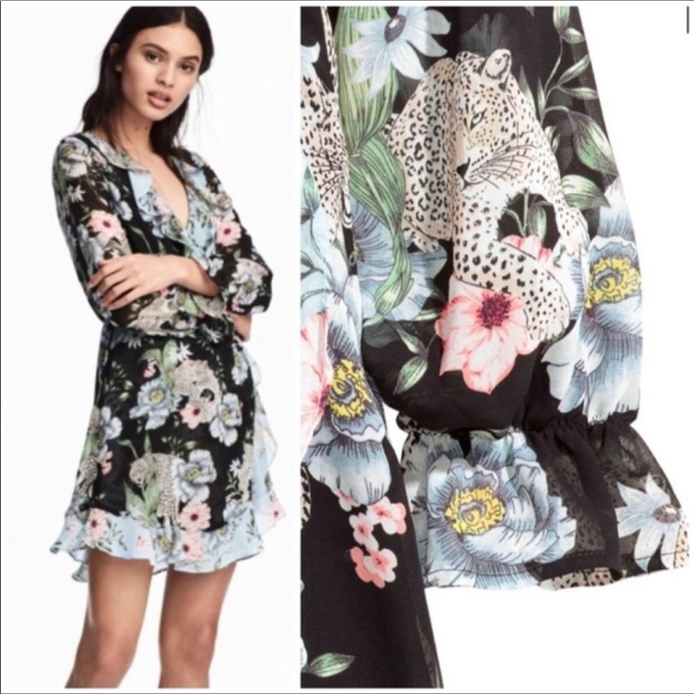 NWOT H&M Divided Conscious Leopard Floral Ruffle Print Wrap Dress size XSmall